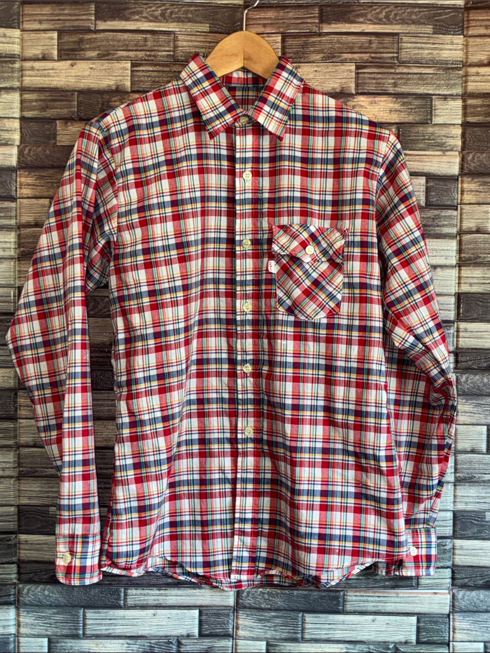 Vintage 80’s Women’s Medium White Tag Levi’s Red Plaid Button-Up Shirt